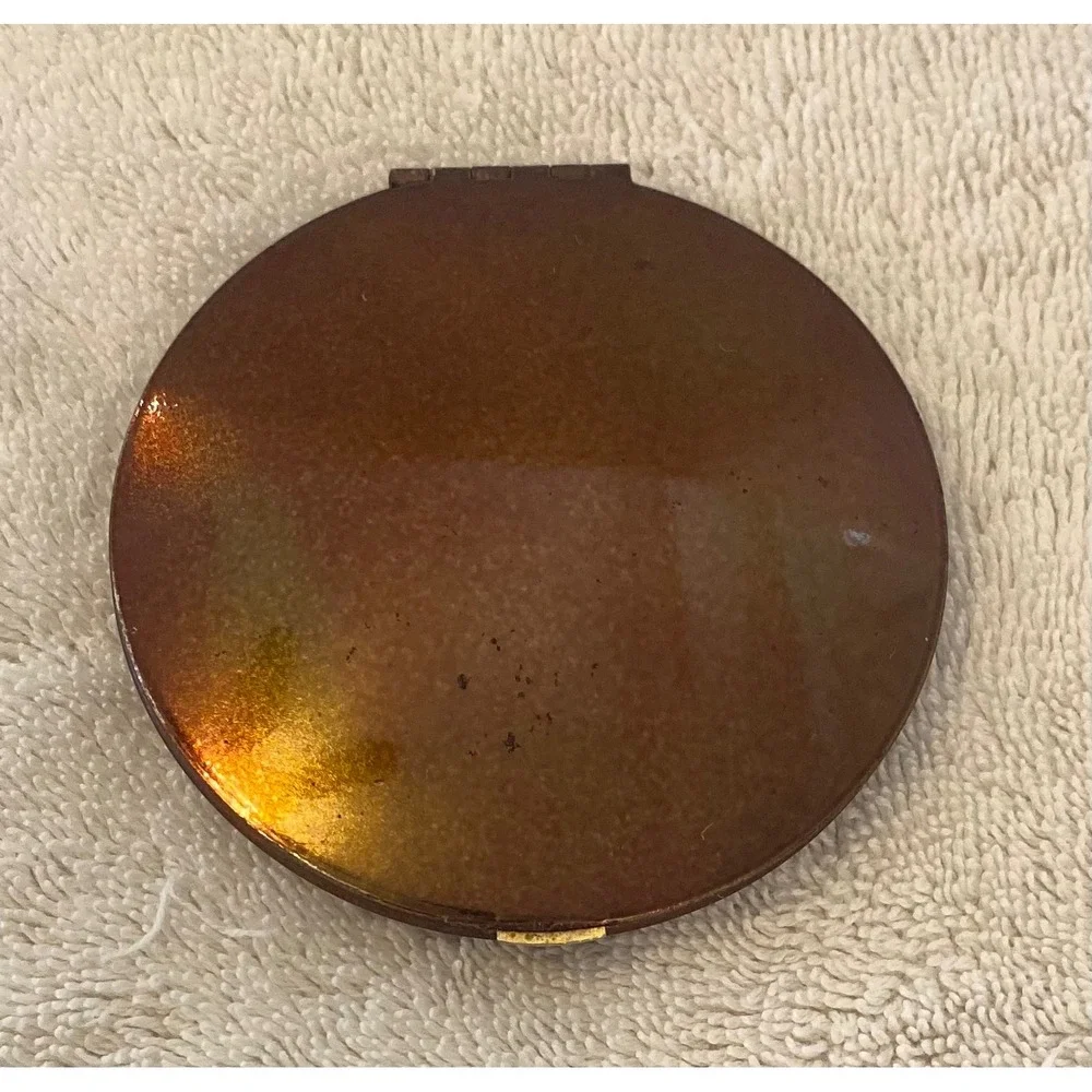 Estee Lauder Vintage Folding Compact Mirror Gold Tone Amber Brown Enamel Round
